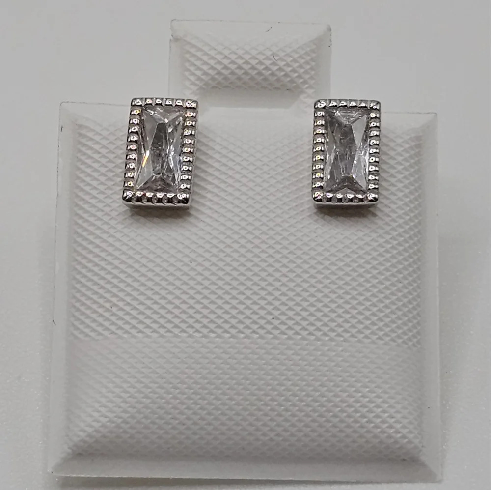 Sterling Silver 925 Rhodium Plated Rectangle Clear CZ Stud Earrings